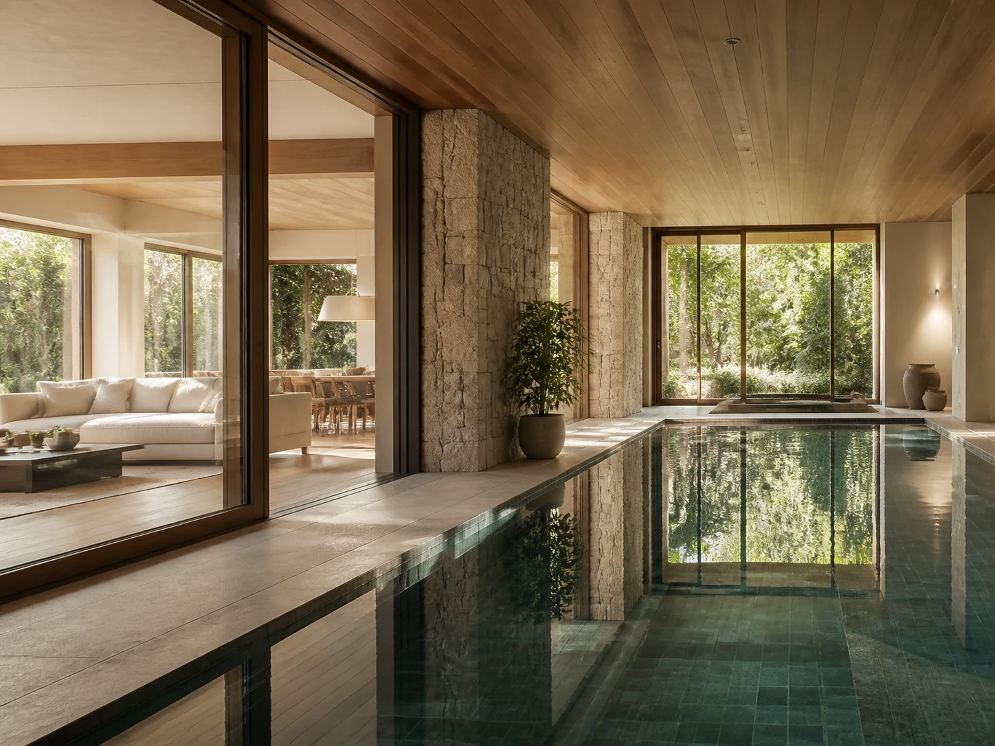 Inspiração: água 3 Piscina interior luminosa com madeira e grandes janelas