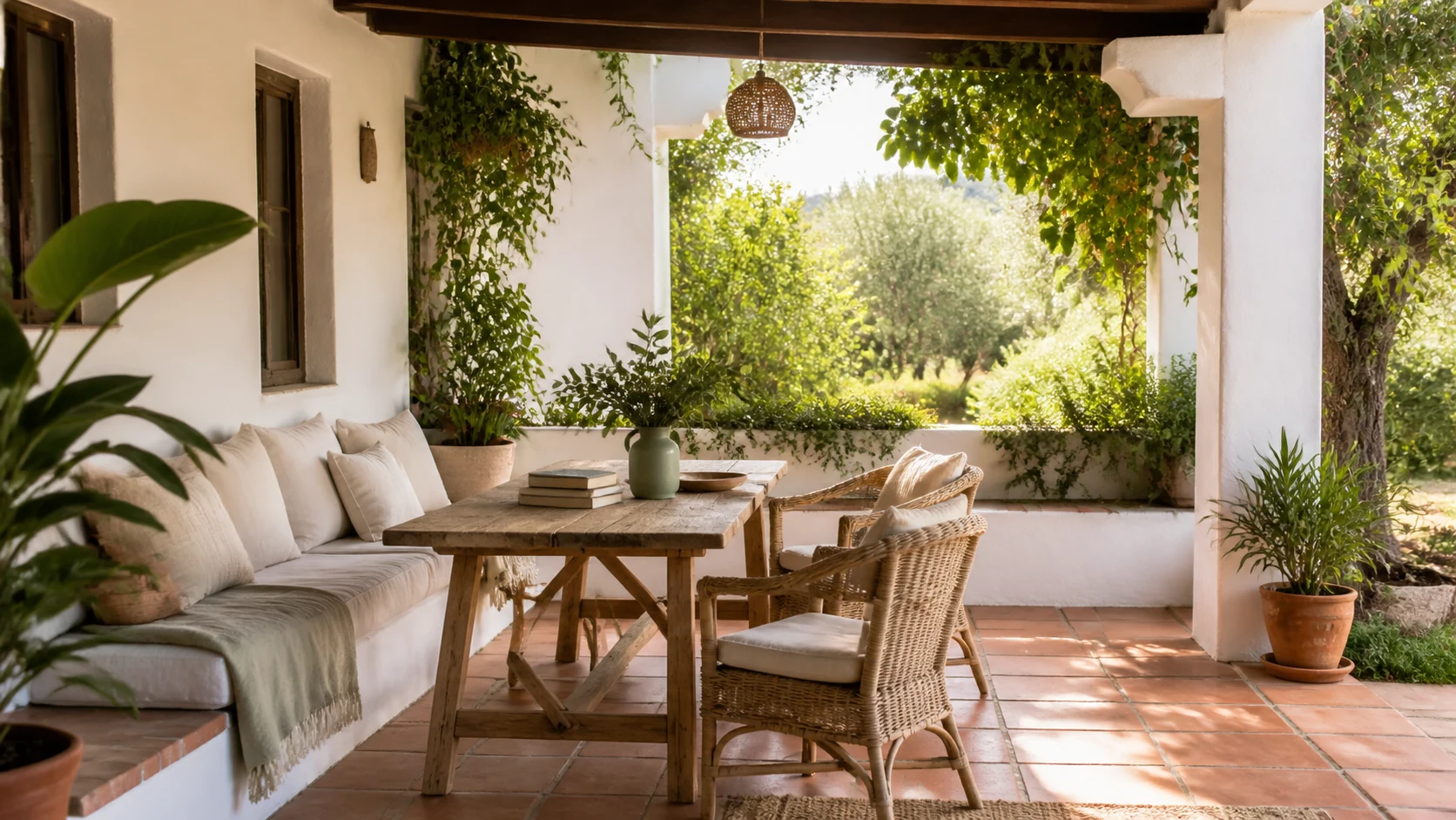 Alpendre luminoso com mesa de madeira, sofá e plantas
