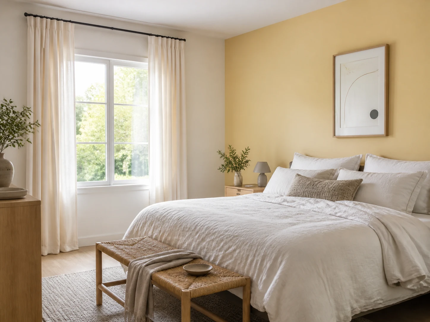 Quarto luminoso com parede amarelo manteiga