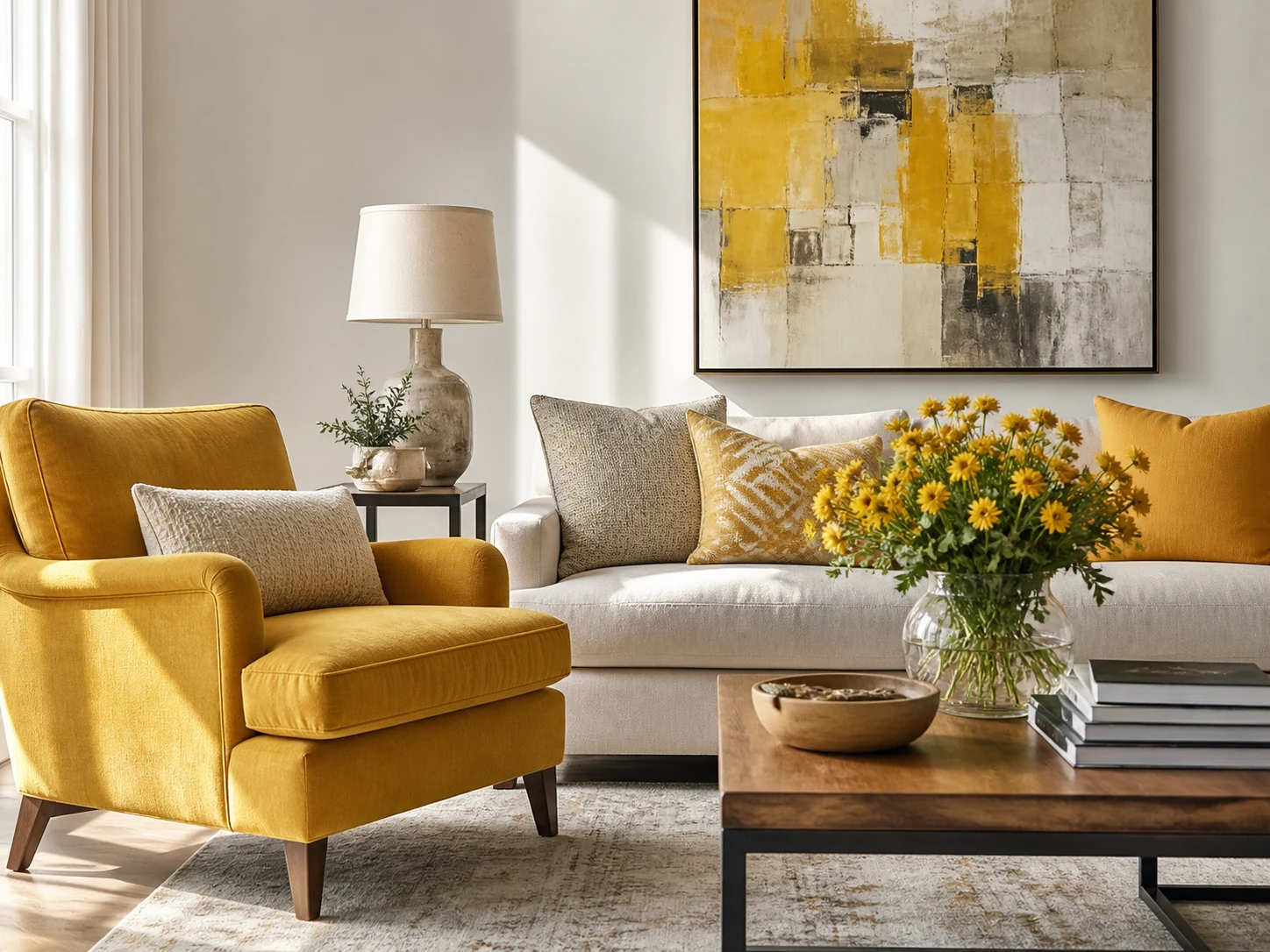Sala neutra com cadeirão e detalhes amarelos