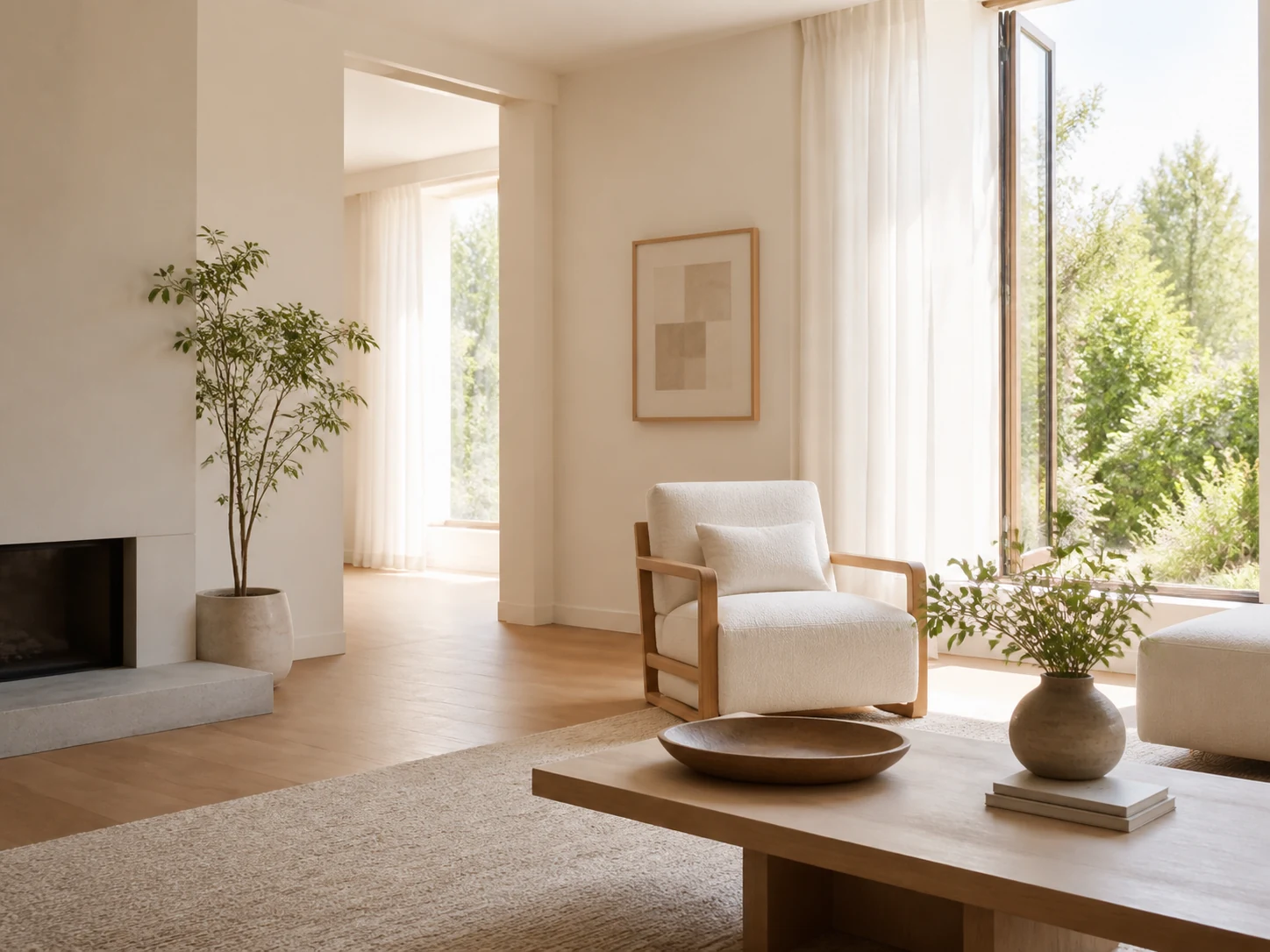Sala luminosa e arejada com cadeirão junto à janela