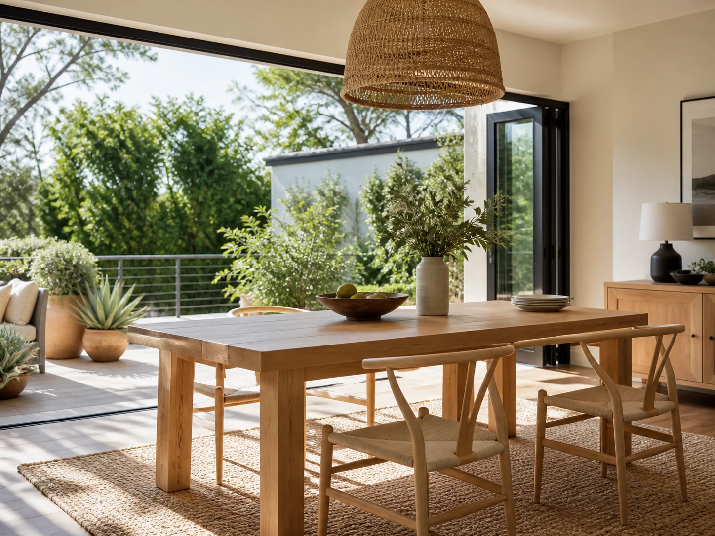 Sala de refeições aberta para um terraço verde