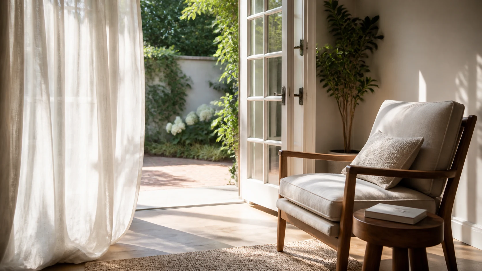 Canto para arejar a mente Canto de leitura luminoso junto a portas abertas para o jardim