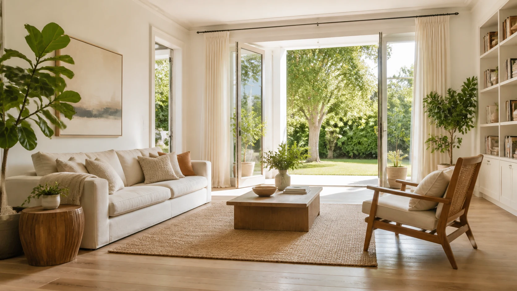 Uma casa com ar Sala luminosa e arejada com janelas abertas para o jardim