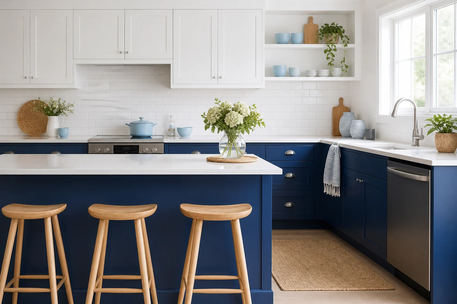 Cozinha luminosa com armários inferiores em azul profundo