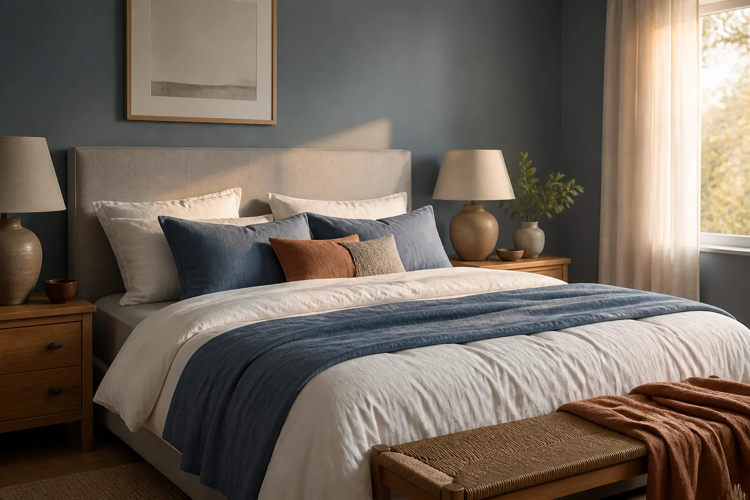 Quarto sereno com parede azul acinzentada e roupa de cama branca