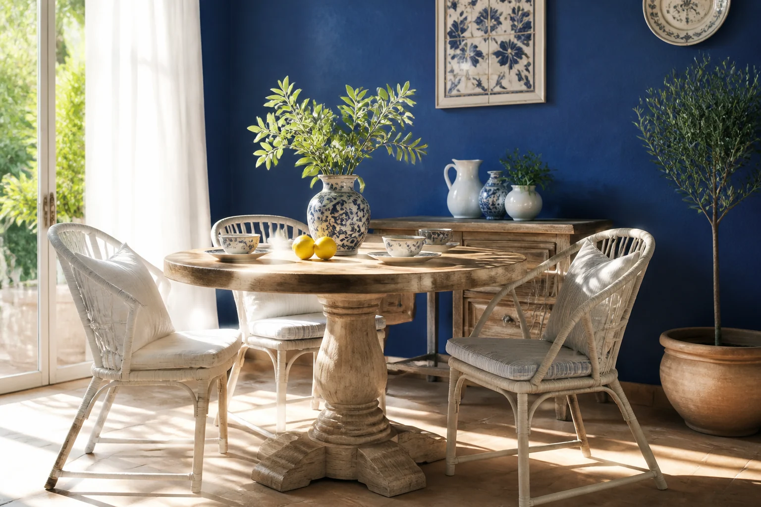 Canto de refeições com parede azul intensa e mesa de madeira