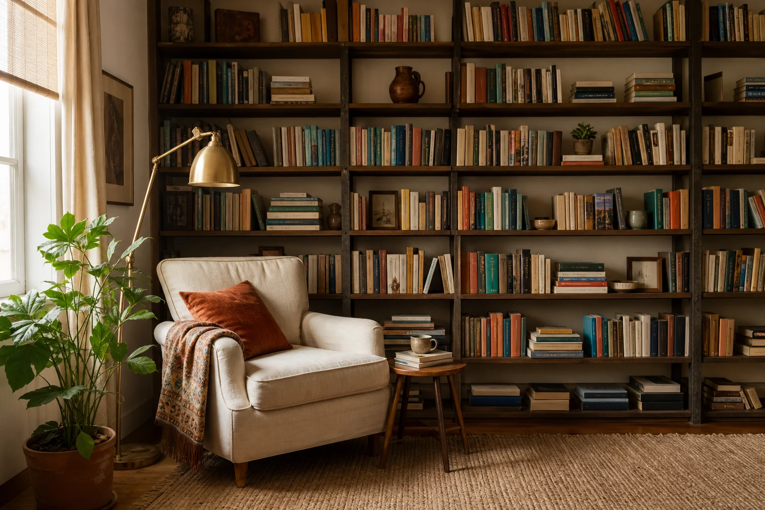 Inspiração: E de Estante 3 Biblioteca em casa com estante de parede, livros e cadeira de leitura