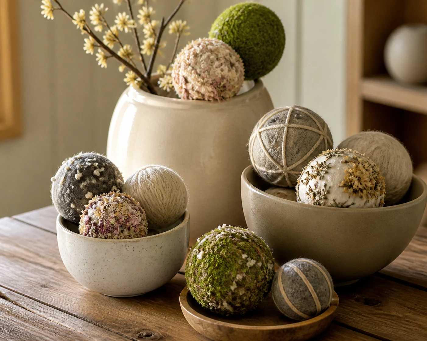 Conjunto de bolas decorativas artesanais em fios e tecidos