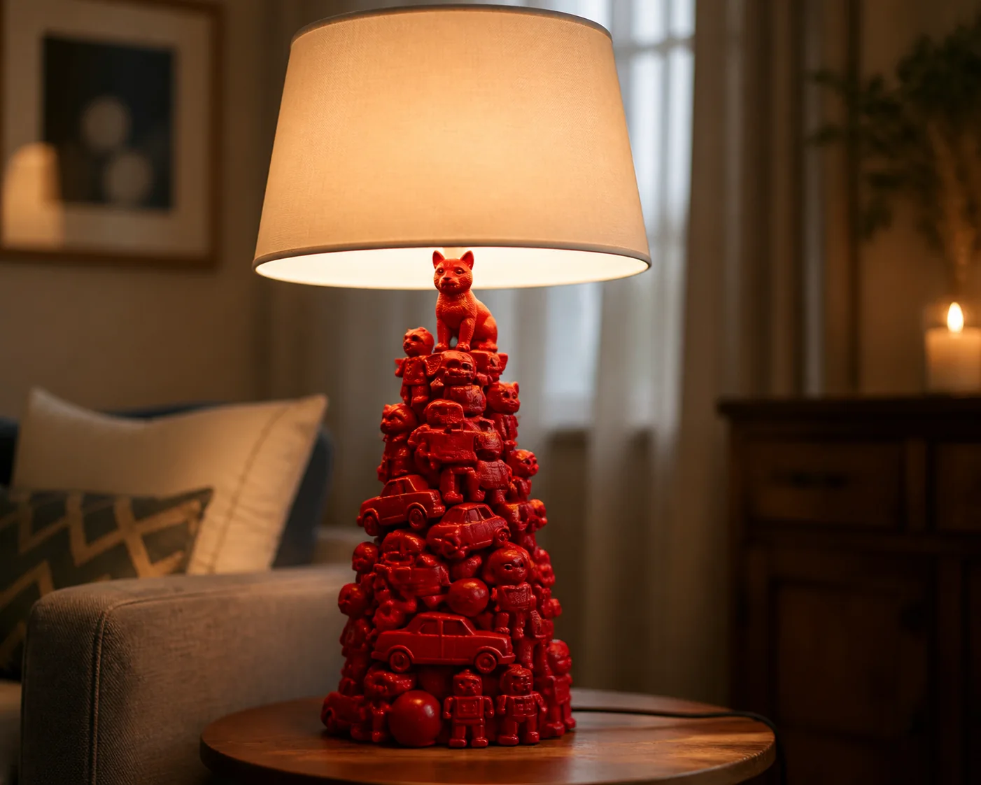 Candeeiro vermelho com brinquedos reaproveitados Candeeiro com base escultórica feita de brinquedos antigos pintados de vermelho