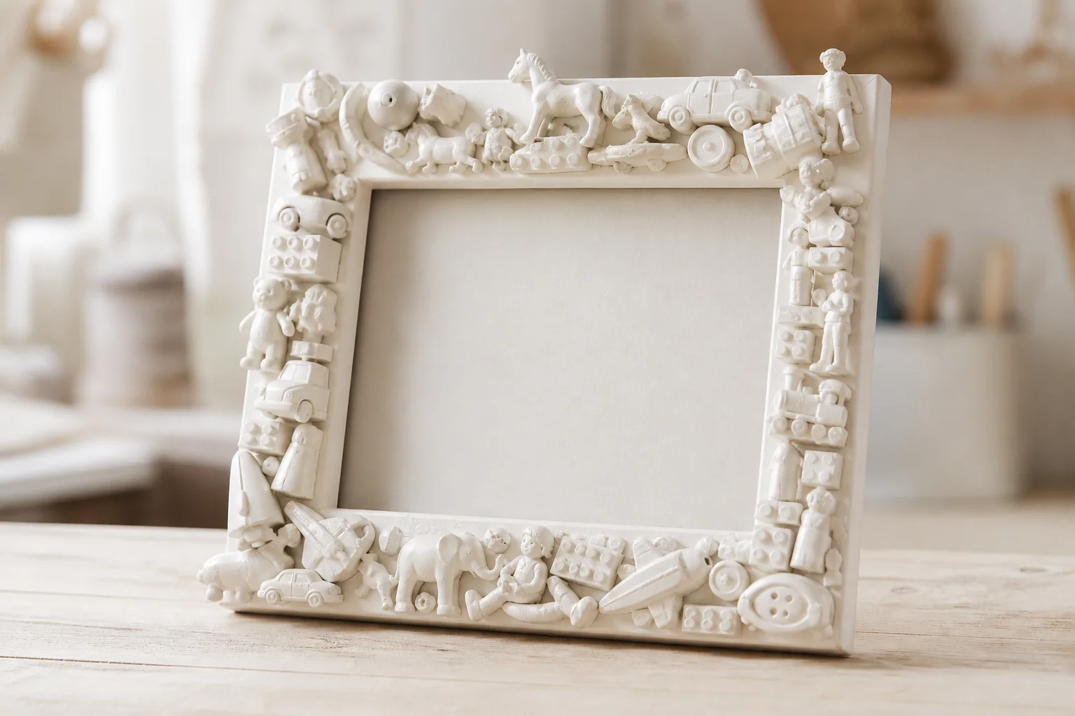 Moldura monocromática com brinquedos antigos Moldura decorada com pequenos brinquedos, todos pintados no mesmo tom branco