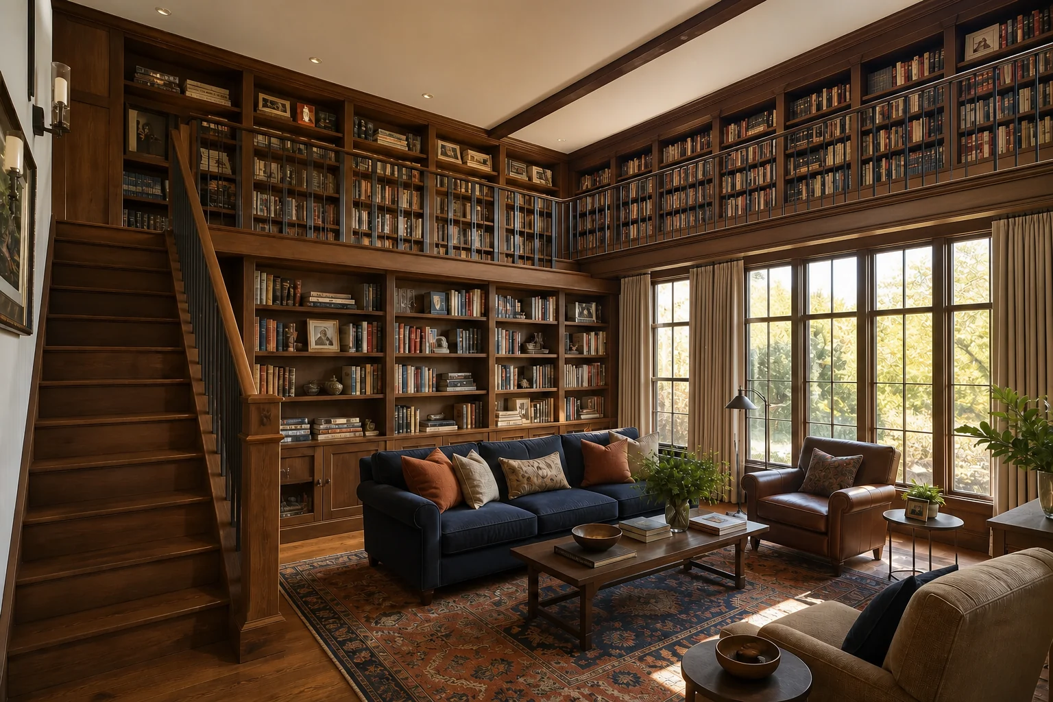Biblioteca em casa com escada e varandim Biblioteca doméstica em duas paredes com corredor estreito e varandim ligado às escadas