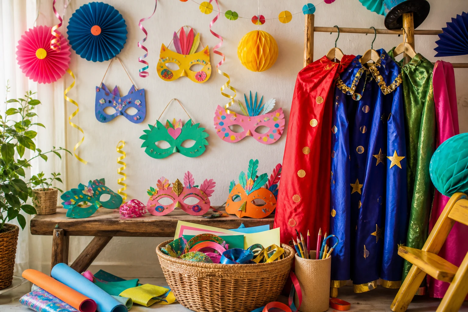 Inspiração do dia: Carnaval! 2 Cantinho de disfarces de Carnaval com máscaras e fitas coloridas