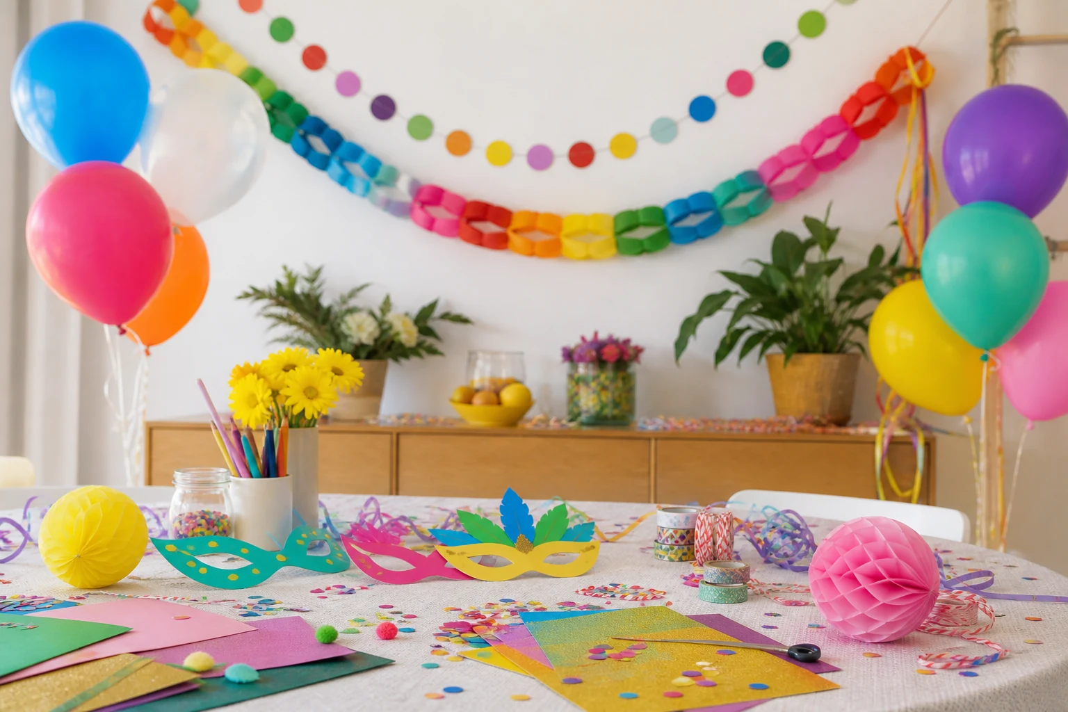 Mesa de Carnaval com máscaras, grinaldas coloridas e materiais de trabalhos manuais