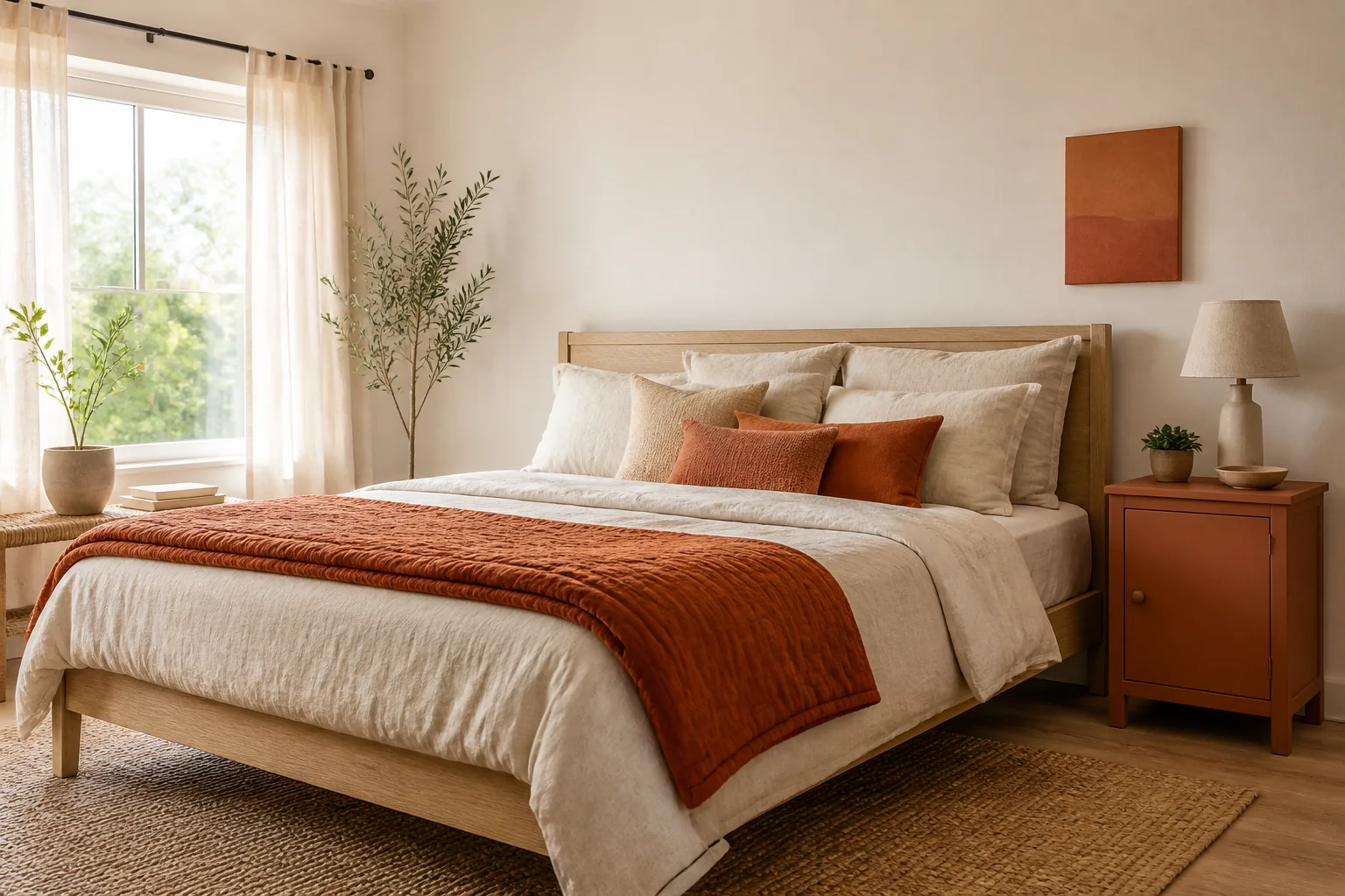 Tons laranja num quarto sereno Quarto claro com colcha ferrugem, almofadas damasco e mesa de cabeceira terracota