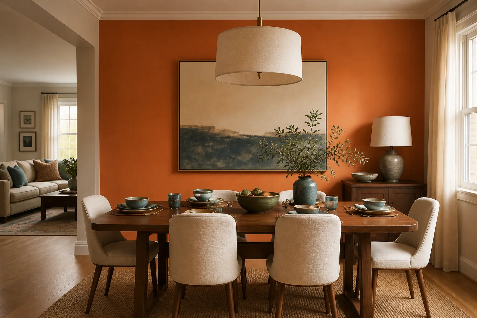 Parede laranja na zona de refeições Sala de jantar com uma parede laranja-caqui, mesa de madeira e cadeiras claras