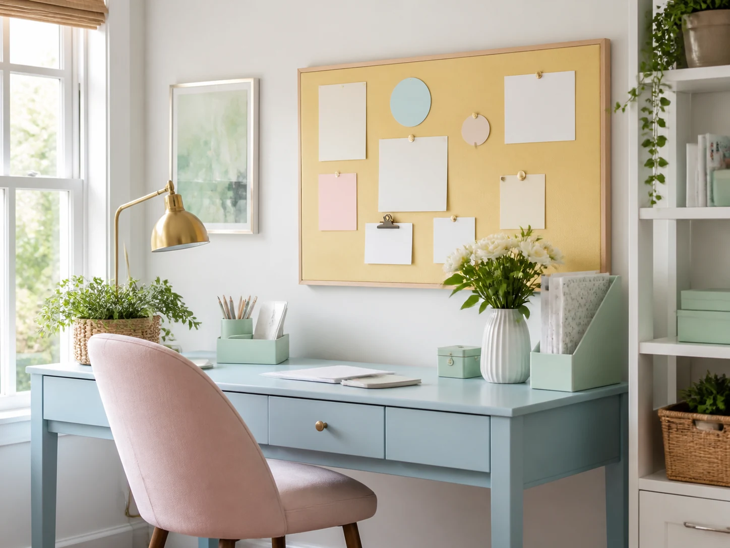 Cores: inspiração em tons pastel 5 Escritório criativo com mobiliário em tons pastel