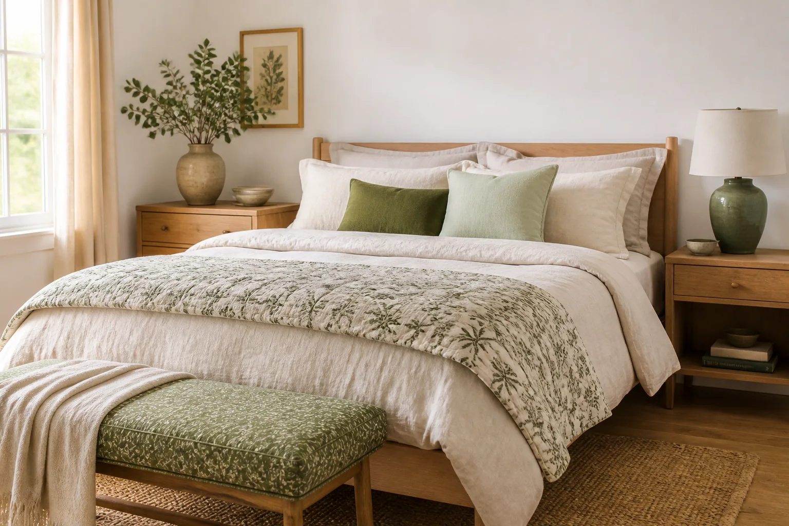 Quarto neutro com colcha, almofadas, candeeiro e banco em vários tons de verde