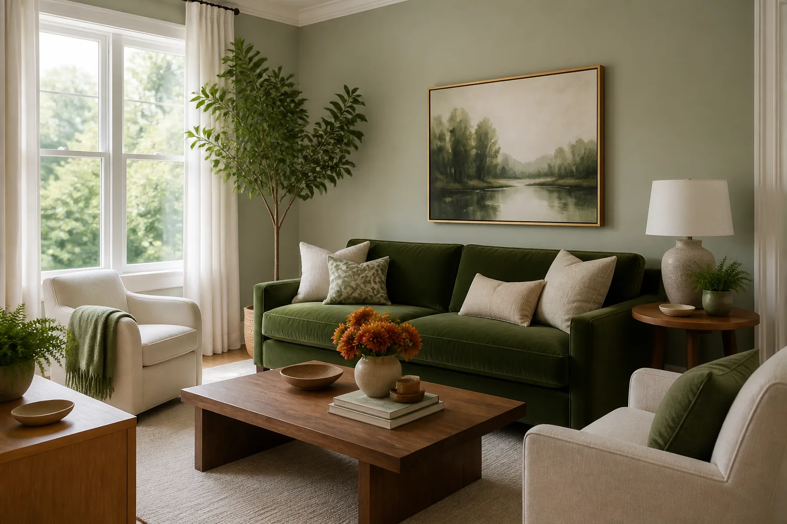 Sala luminosa com sofá verde-azeitona, parede sálvia, madeira e flores cor de laranja