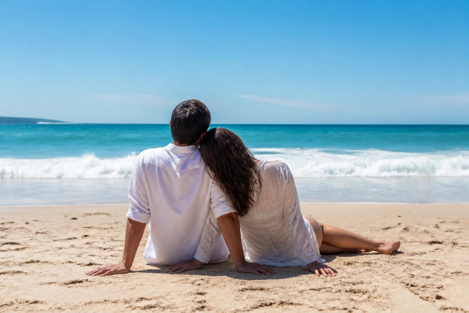 Um dia de sol a dois junto ao mar Casal sentado lado a lado na praia, visto de costas, a contemplar o mar num dia de sol