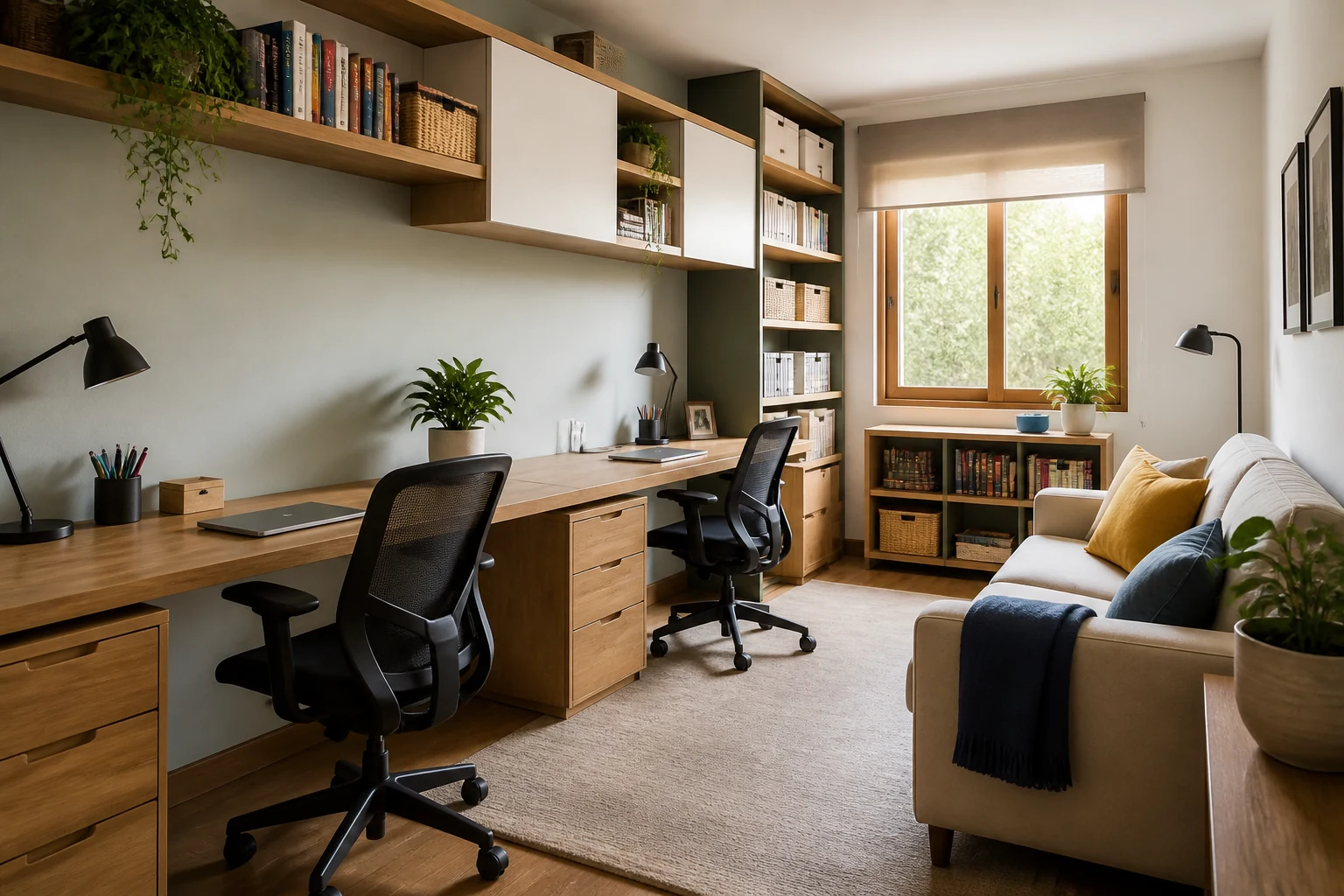 Escritório em casa partilhado, com bancada comprida, arrumação vertical e sofá de leitura