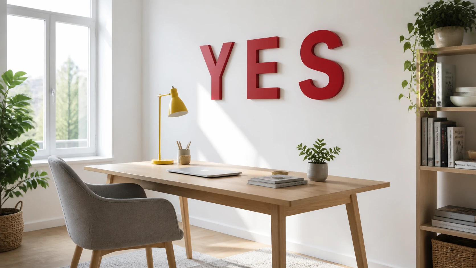 Escritório luminoso e minimalista com letras vermelhas na parede