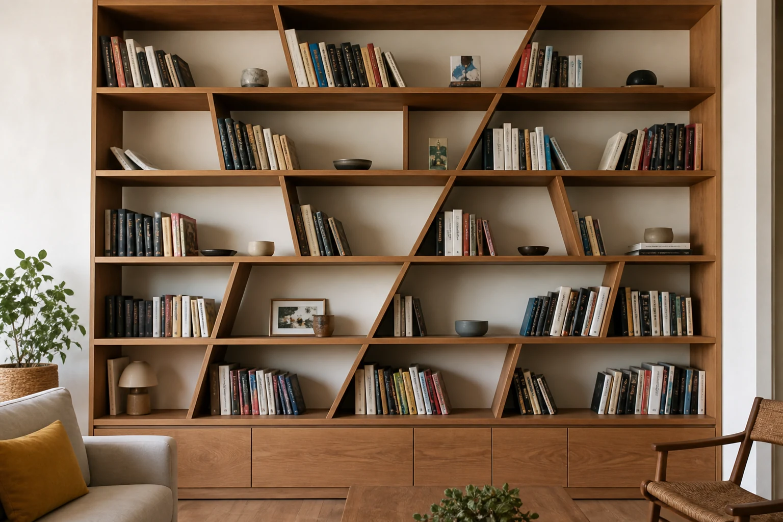Inspiração: E de Estante 4 Estante de madeira com divisórias inclinadas e compartimentos irregulares para livros