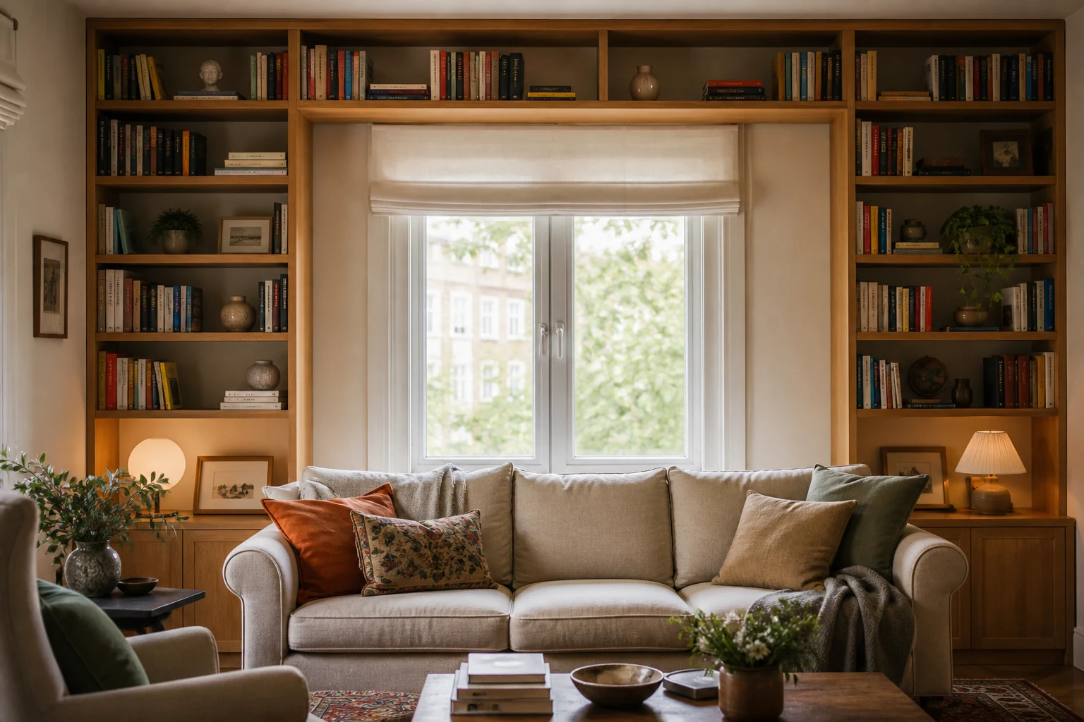 Inspiração: E de Estante 1 Sofá diante de uma janela enquadrada por estantes cheias de livros