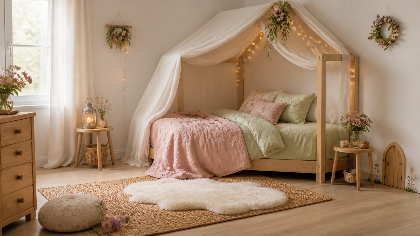 Quarto infantil encantado com cama de dossel, cores suaves e pormenores inspirados em fadas