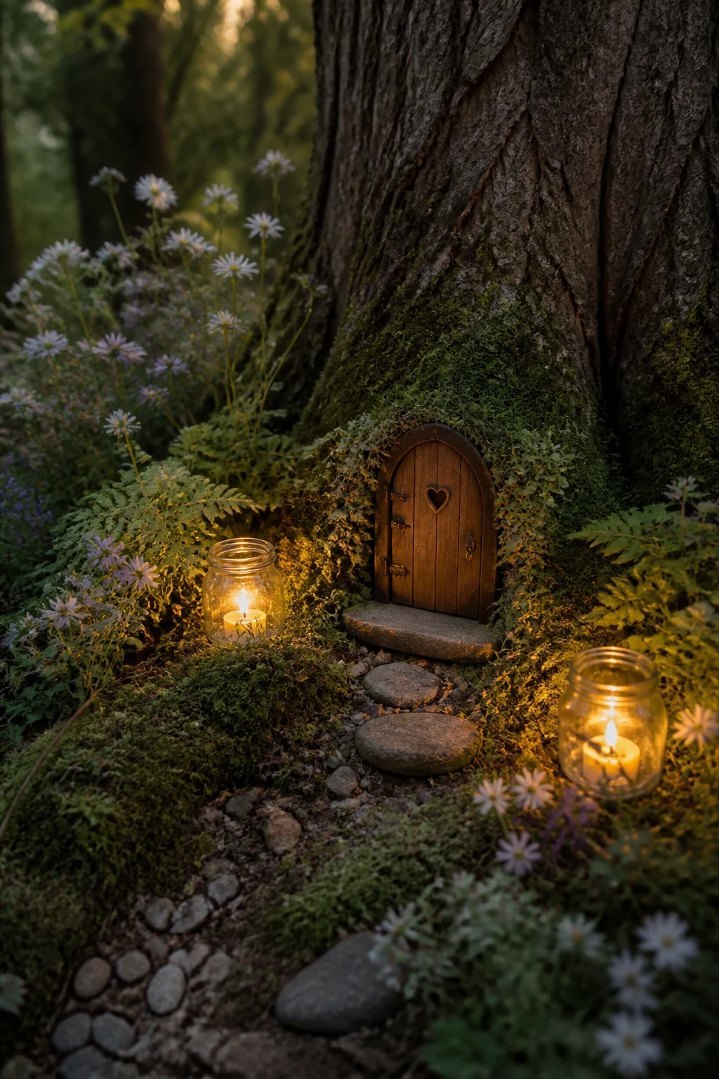 Inspiração: F de fada! 6 Pequena porta de fada entre plantas e musgo num recanto de jardim