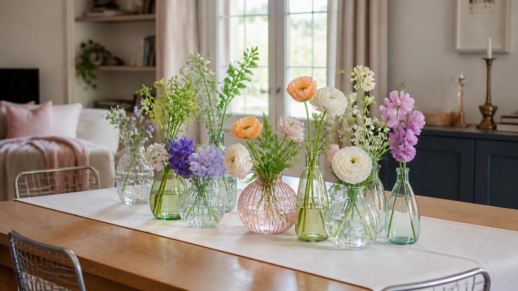 Flores frescas em vasos de vidro numa mesa