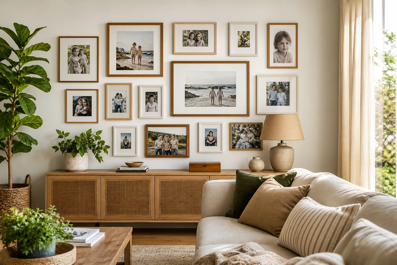 Galeria de fotografias pessoais em molduras de madeira e branco numa parede de sala