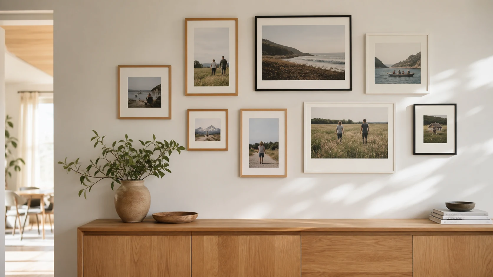 Galeria de fotografias em molduras numa parede clara