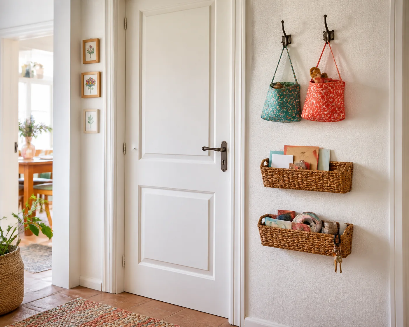 Enfeitando as portas Porta interior com sacos de tecido e cestos para pequenos objetos na parede ao lado