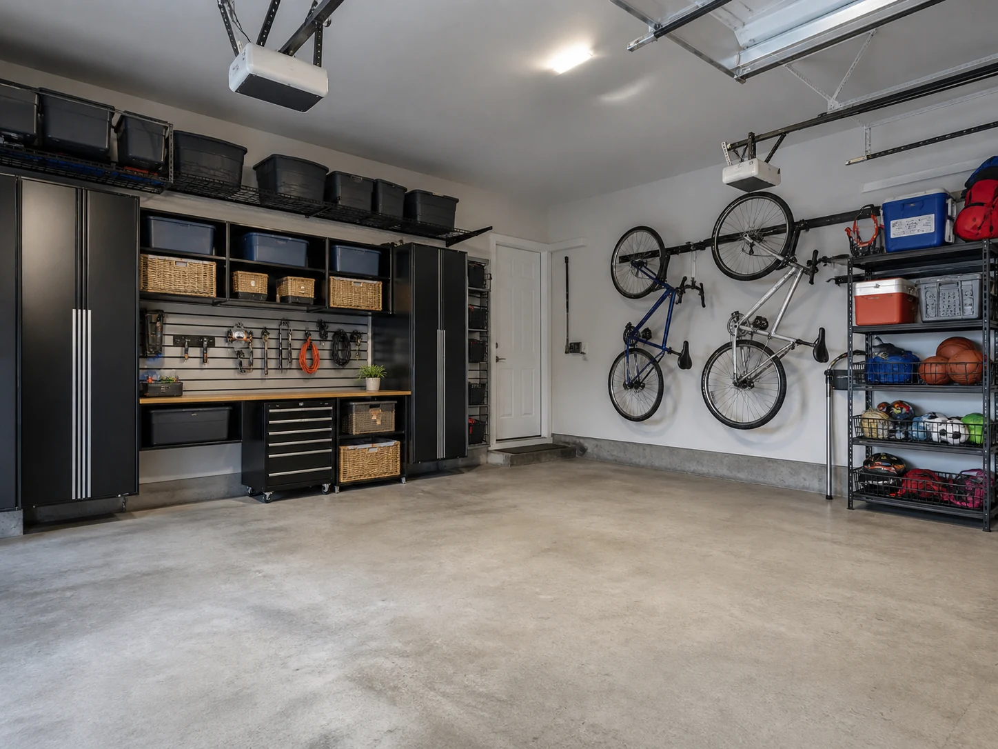 Garagem familiar organizada com bicicletas e objetos guardados nas paredes