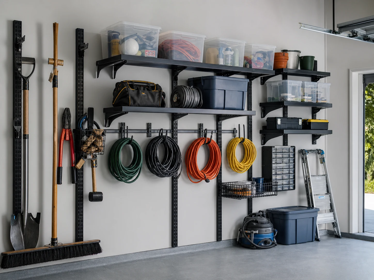 Parede de garagem organizada com ferramentas, cabos e caixas
