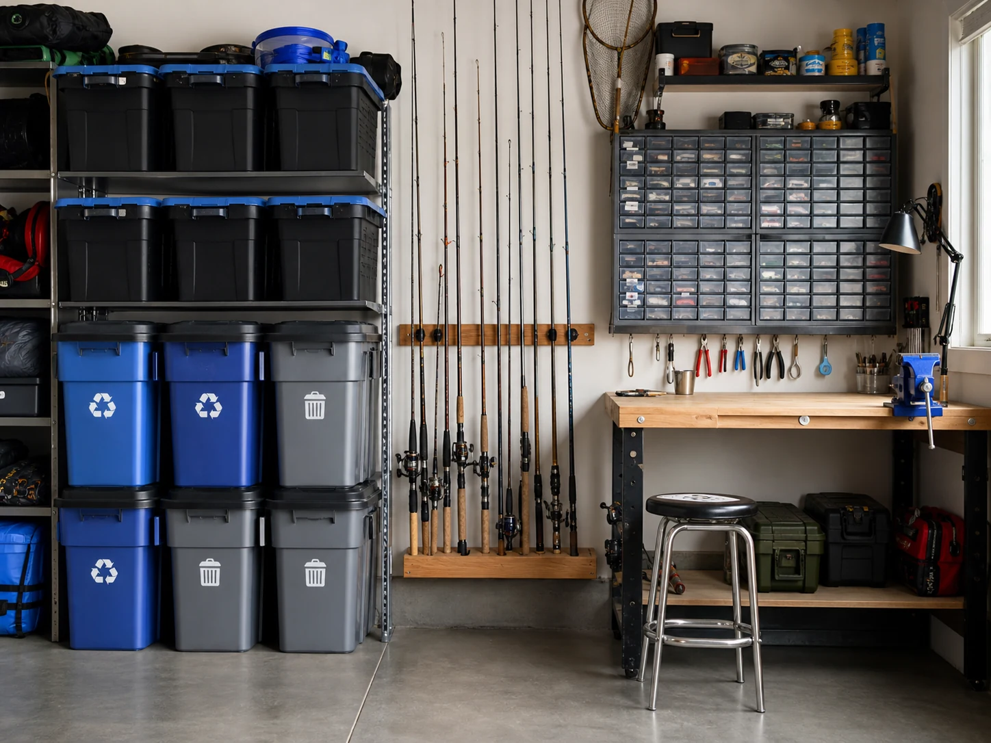 Zona de reciclagem e bricolage organizada numa garagem