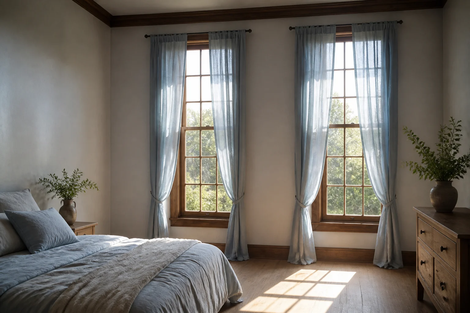 Quarto com duas janelas altas e cortinas de linho azul-claro