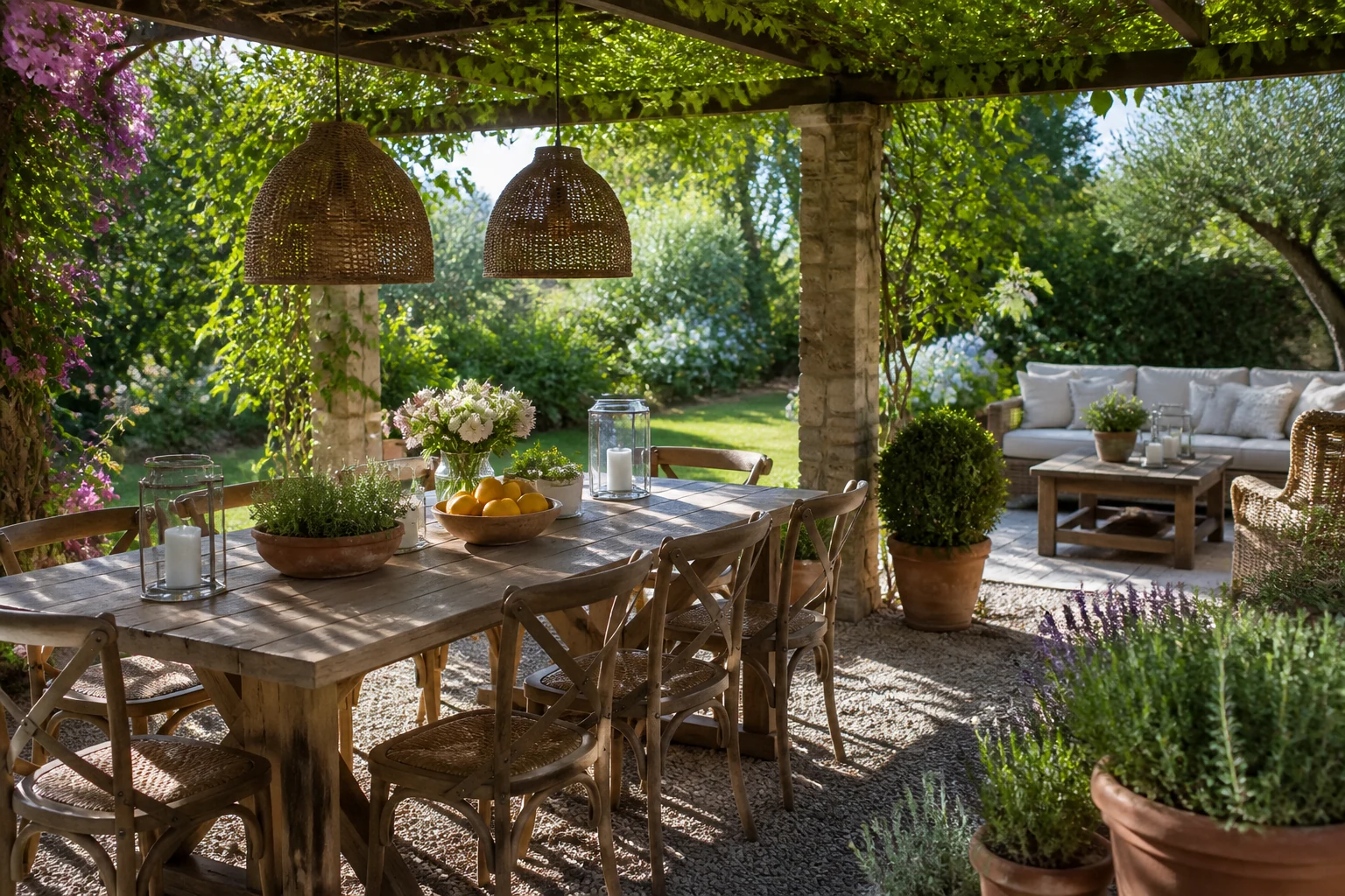 Jardim de verão com mesa de refeições, flores e lanternas