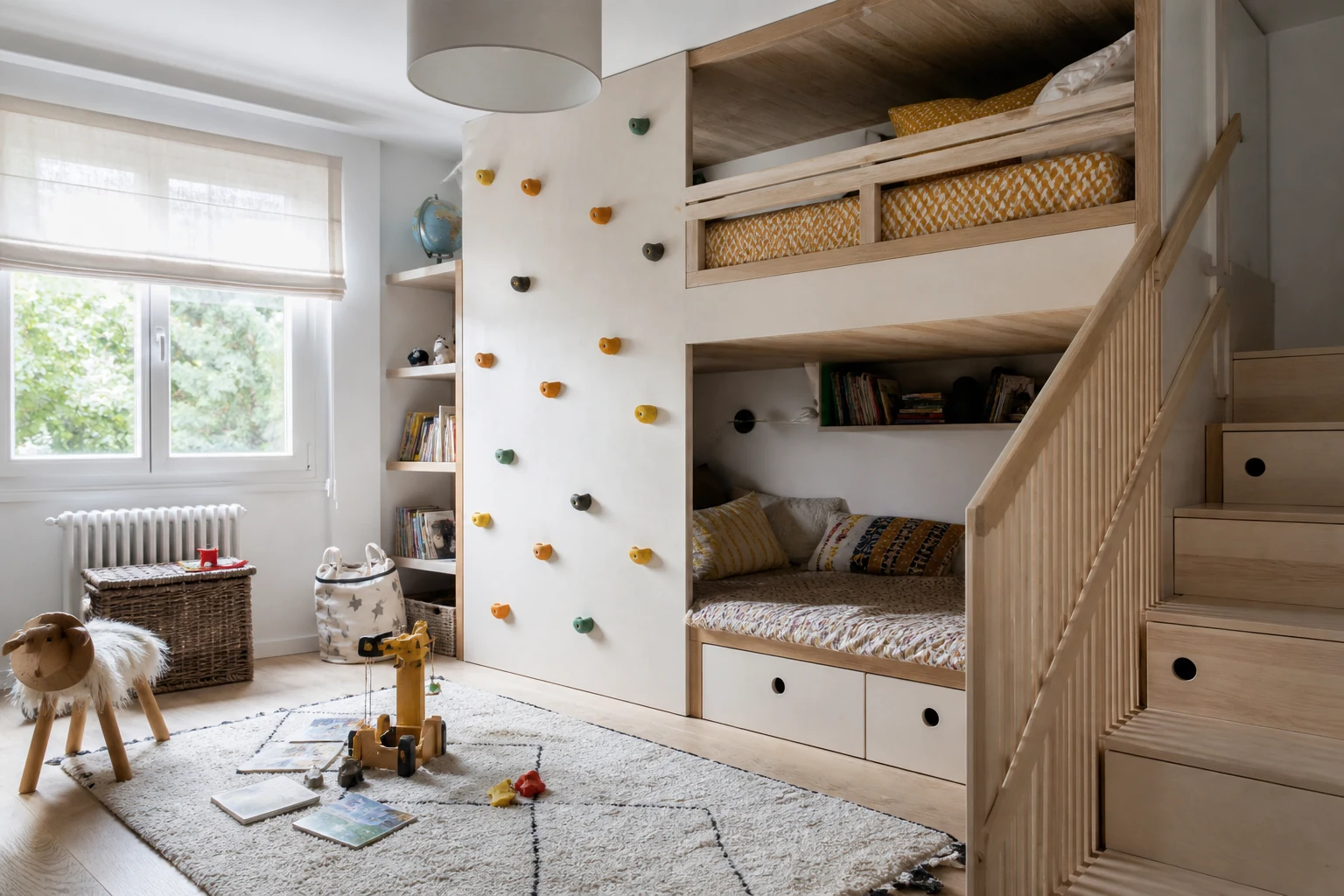 Quarto infantil com beliche, escada e zona de brincadeira