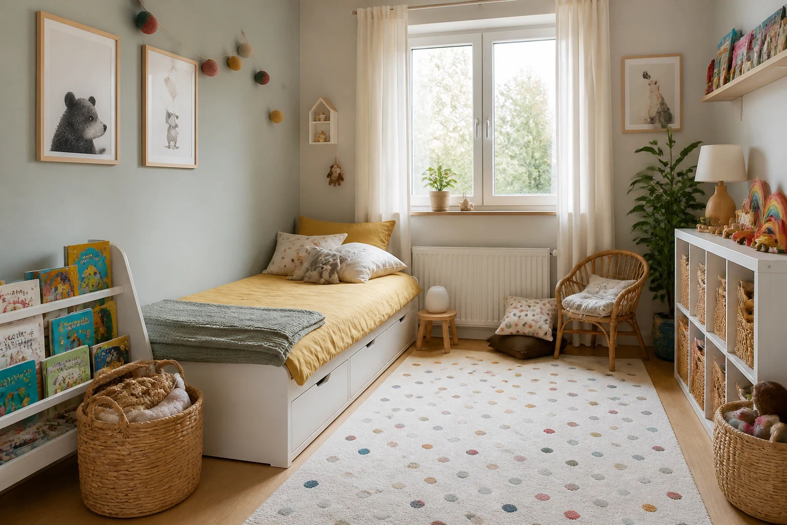 Quarto de criança com cama encostada à parede e espaço livre para brincar
