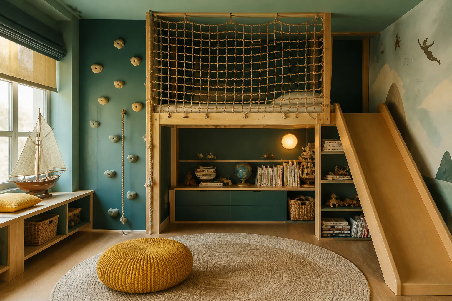 Canto de aventura num quarto infantil com plataforma e escorrega