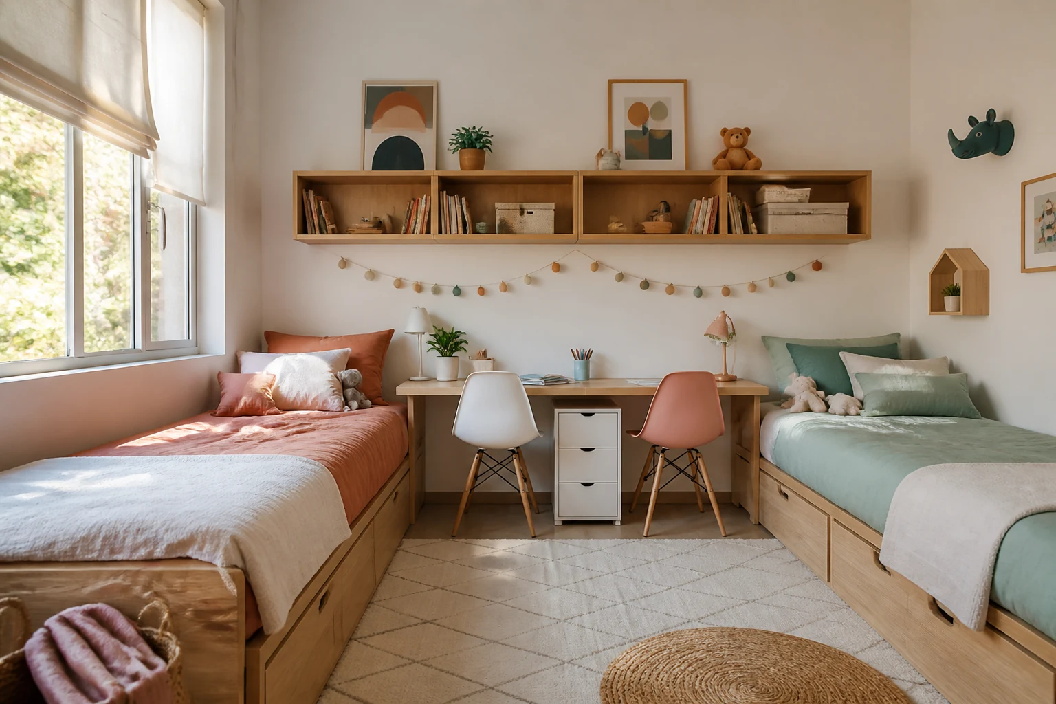 Quarto infantil partilhado com camas e arrumação integrada