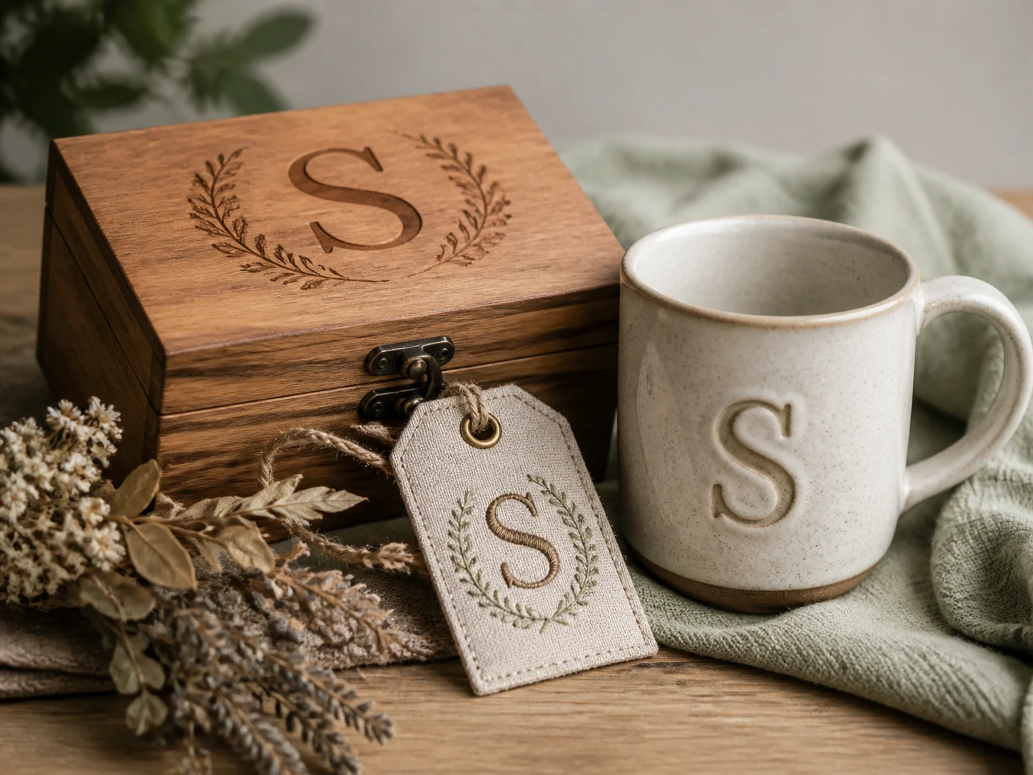 Conjunto de presentes artesanais com monograma S