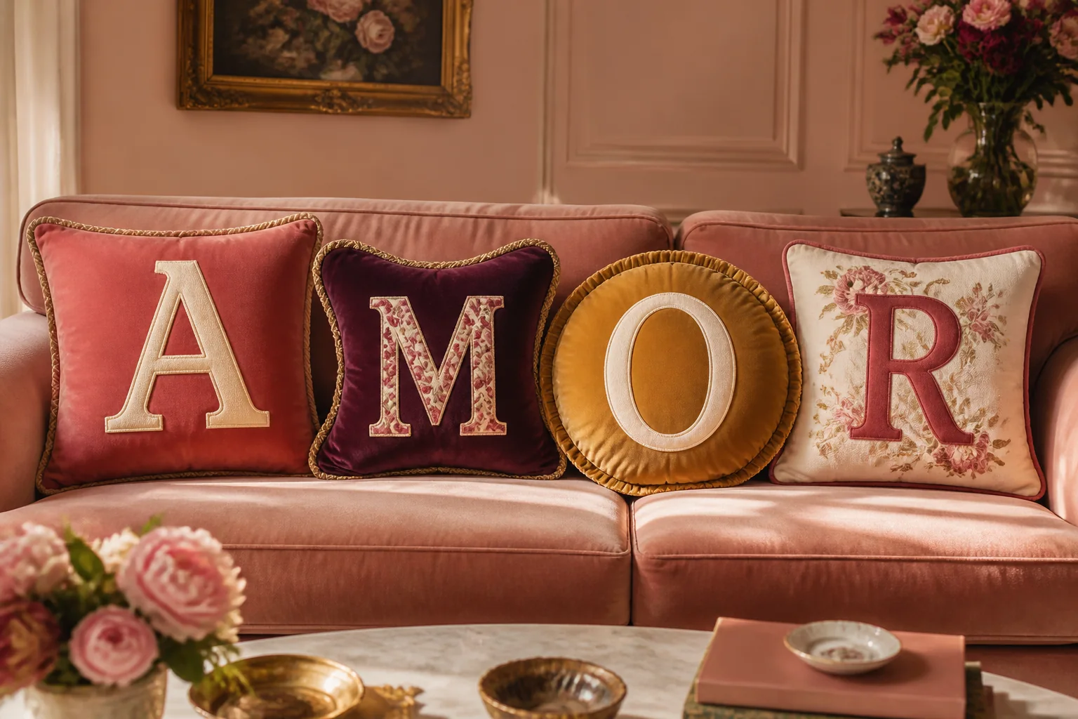 Quatro almofadas diferentes sobre um sofá formam a palavra AMOR