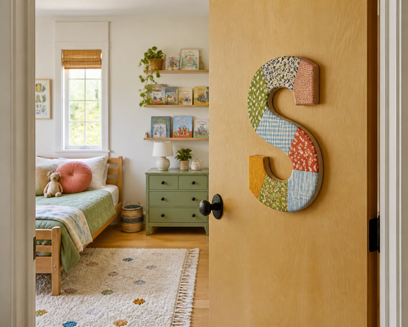 Porta aberta de quarto infantil decorada com uma grande letra S revestida com tecidos coloridos
