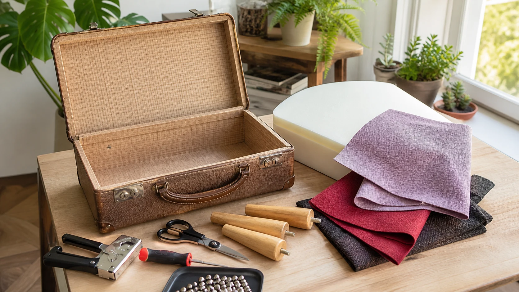 Materiais para transformar uma mala antiga numa cadeira