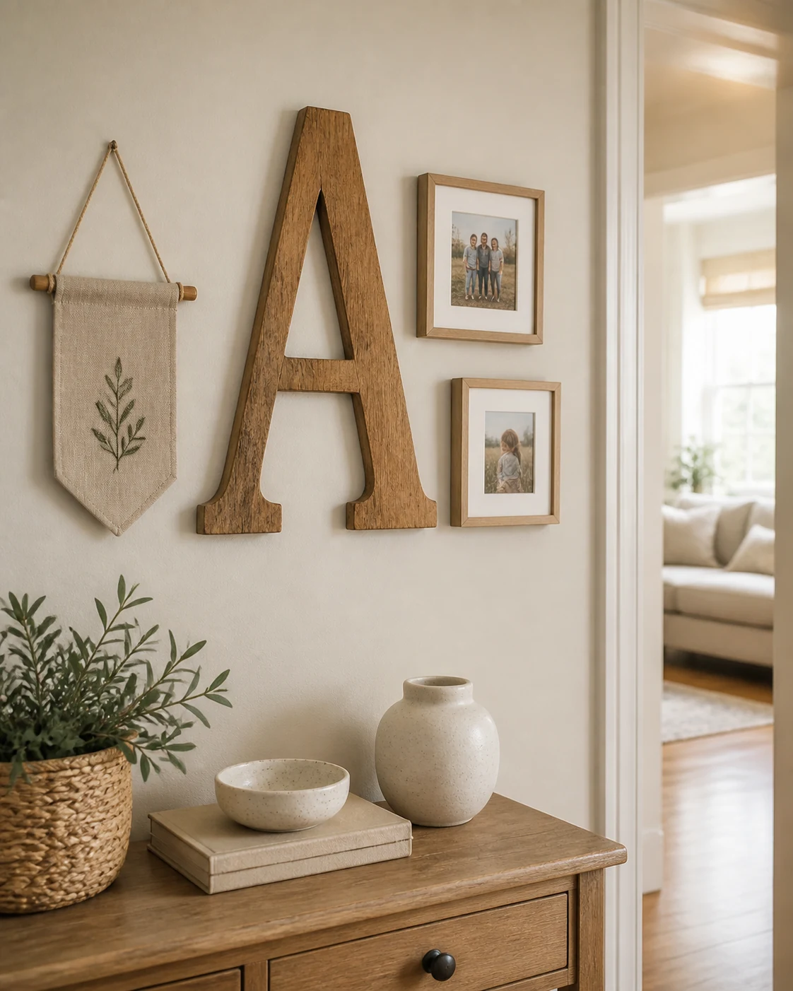 Parede de entrada decorada com uma letra de madeira, fotografias e acessórios pessoais