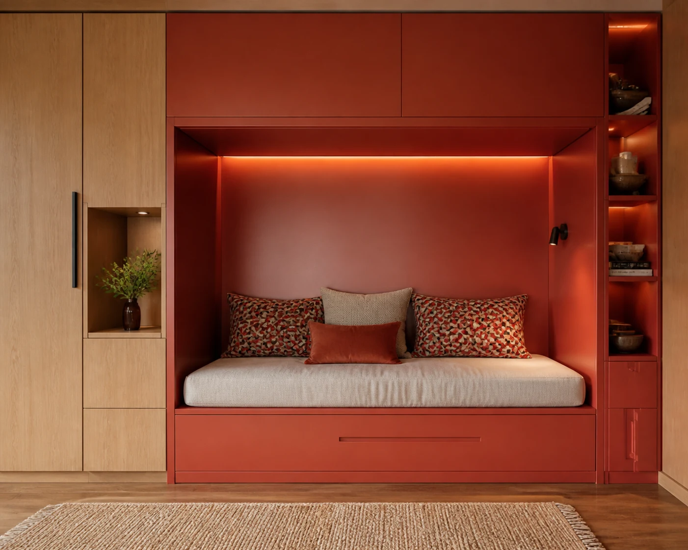 Cama integrada num nicho vermelho com arrumação