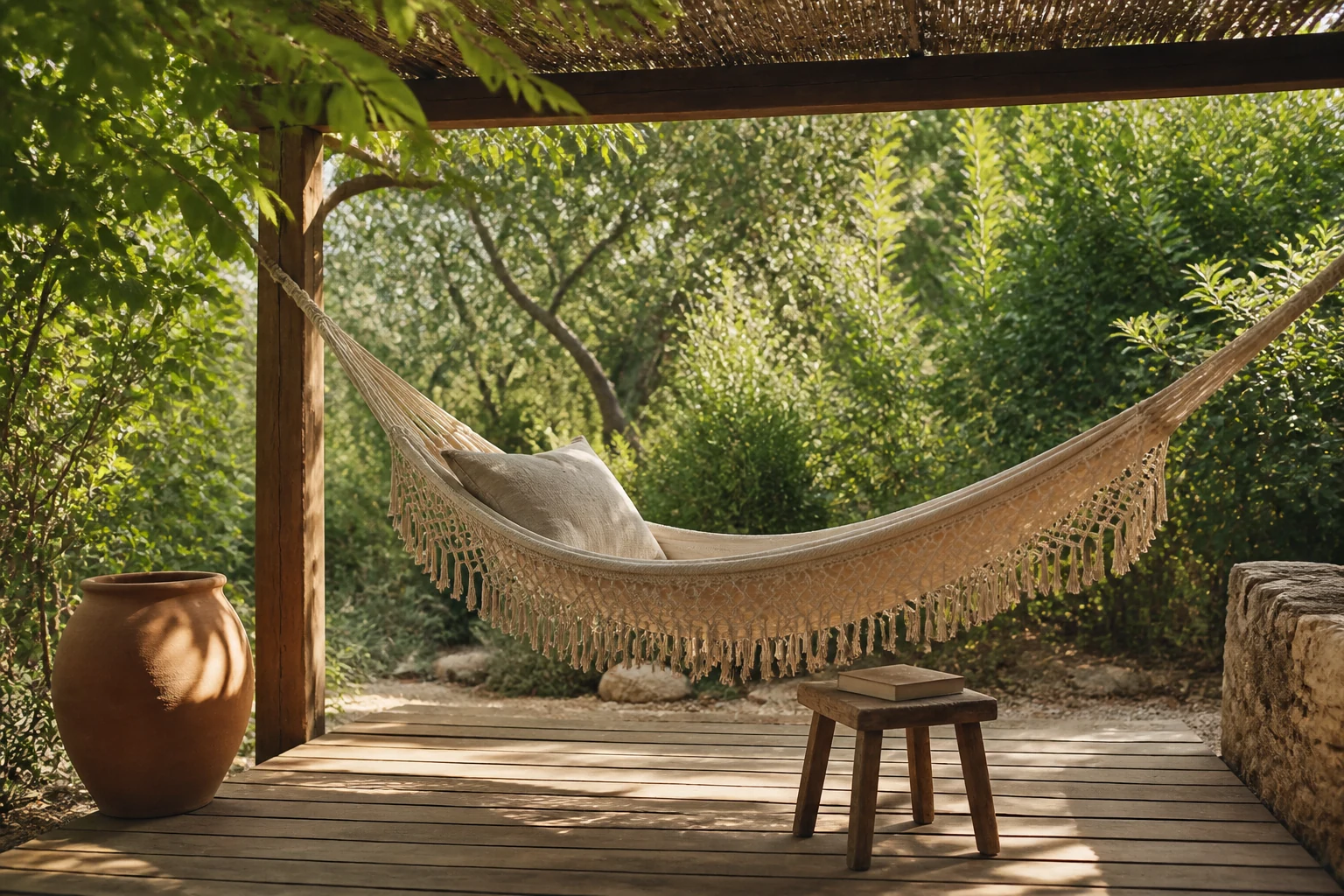Rede de descanso num jardim tranquilo, entre plantas e luz suave